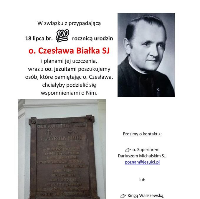 Ogłoszenie – 100 rocznica urodzin o. Czesława Białka SJ